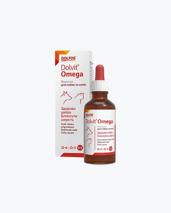 Вітамінно-мінеральна добавка Dolfos Dovit Omega для покращення стану шкіри та шерсті у собак та котів, 50 мл