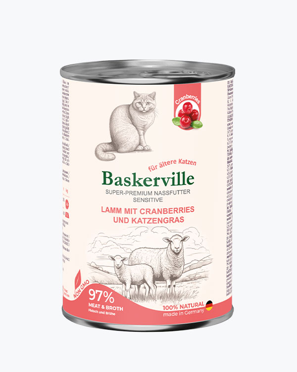 Baskerville Ягня з журавлиною та котячою травою повнораціонний вологий корм суперпреміум класу для котів з чутливим травленням та літніх котів, 400 г