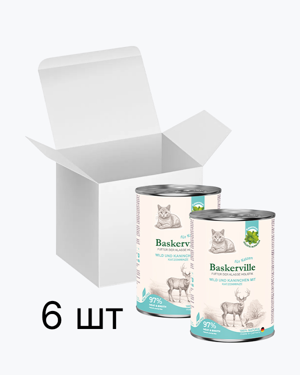 Baskerville Оленина з кроликом та котячою м’ятою повнораціонний вологий корм класу холістик для котів, упаковка 6 шт по 400 г