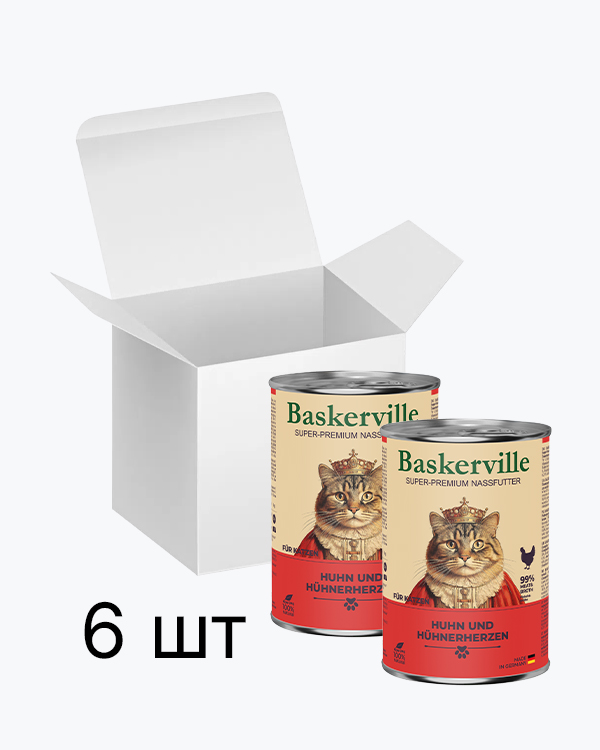 Baskerville М’ясо курки з сердечками повнораціонний вологий корм суперпреміум класу для котів, упаковка 6 шт по 400 г