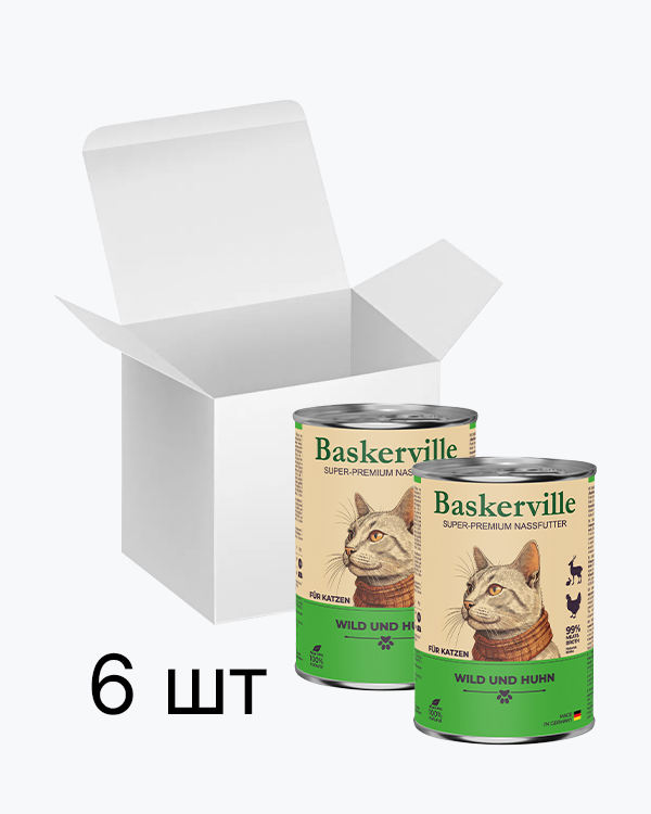 Baskerville Дичина з м’ясом птиці повнораціонний вологий корм суперпреміум класу для котів, упаковка 6 шт по 400 г