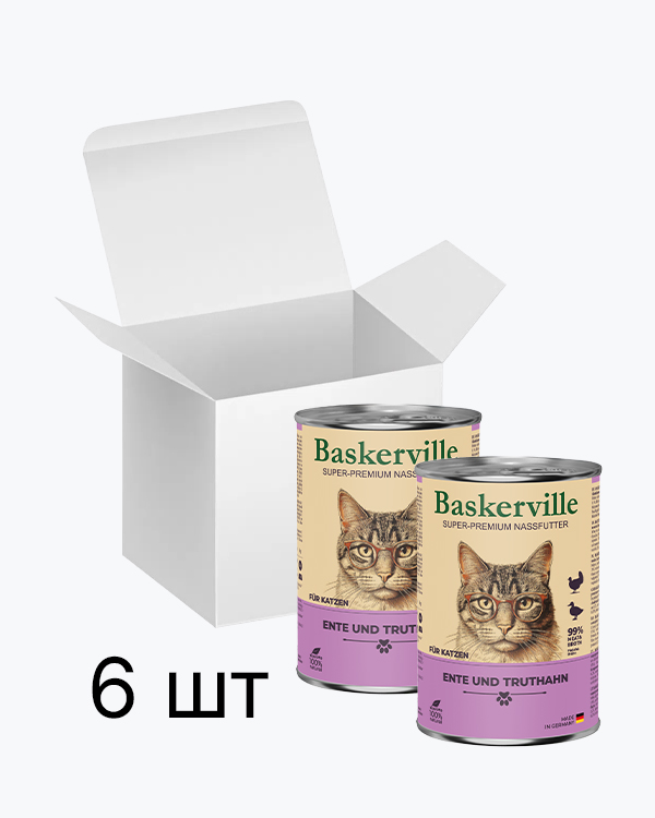 Baskerville Качка та індик повнораціонний вологий корм суперпреміум класу для котів, упаковка 6 шт по 400 г