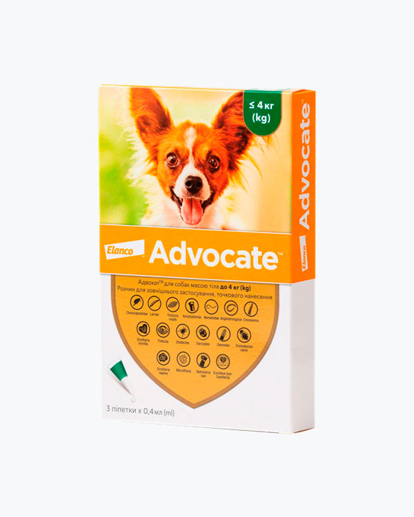 Краплі Elanco Advocate Адвокат, від бліх, кліщів та гельмінтів, для собак до 4 кг, (0.4 мл), 1 піпетка
