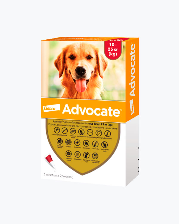Краплі Elanco Advocate Адвокат, від бліх, кліщів та гельмінтів, для собак від 10 до 25 кг, (2.5 мл), 1 піпетка