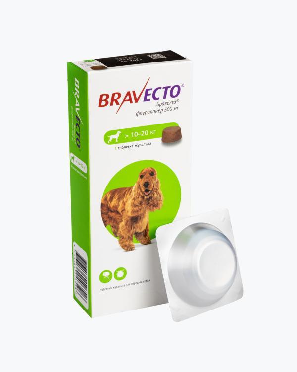 Жевательная таблетка Bravecto Бравекто 500 мг, от блох и клещей для собак весом от 10 до 20 кг