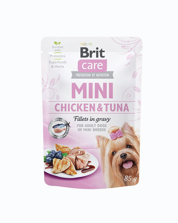 УЦІНКА - Вологий корм для собак малих порід Brit Care Mini pouch, філе в соусі курка і тунець, 85 г