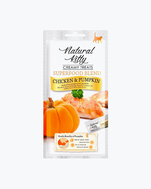 УЦІНКА - Крем-снеки для кішок NATURAL KITTY Creamy Treats Chicken & Pumpkin з куркою та гарбузом, 4х12 г