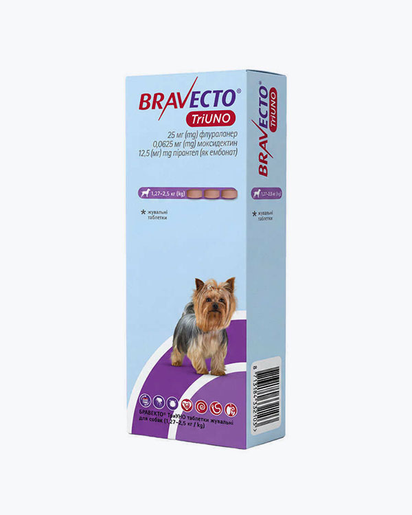 Жевательная таблетка Bravecto TriUNO 25 мг Бравекто ТриУНО, от блох, клещей и гельминтов, для собак весом от 1.27 до 2.5 кг, упаковка