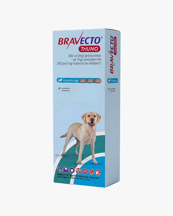 Жевательная таблетка Bravecto TriUNO 400 мг Бравекто ТриУНО, от блох, клещей и гельминтов, для собак весом от 20 до 40 кг, упаковка
